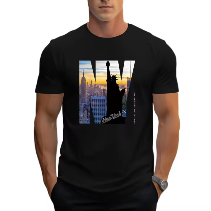 Camiseta de Cuello Redondo para Hombres en Verano Estampado de Horizonte de Nueva York, Frase de Alfabeto, Punto de Poliéster Suave, Ligeña, Ajuste Regular - 1