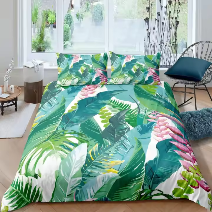 Funda de edredón Funda nórdica con hojas de palma Juego de cama King Full con hojas de plátano Hojas tropicales hawaianas Ramas verdes Funda de edredón de poliéster - 1