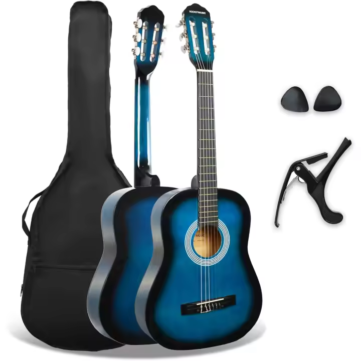 Pack de guitarra clásica española de tamaño 3/4 para niños XF de 3rd Avenue, Guitarra acústica con cuerdas de nylon, funda de transporte, cejilla y púas, Azul - 1