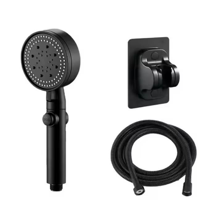 Cabezal de ducha negro ajustable de 3 piezas, soporte de pared + manguera, ahorro de agua a alta presión - 1
