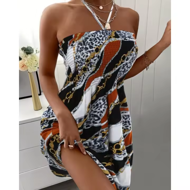 Vestido De Encaje Con Estampado Floral Para Mujer Cuello Halter Estilo Vacacional Talla Ajustable Para Primavera Y Verano Ropa De Mujer - 1