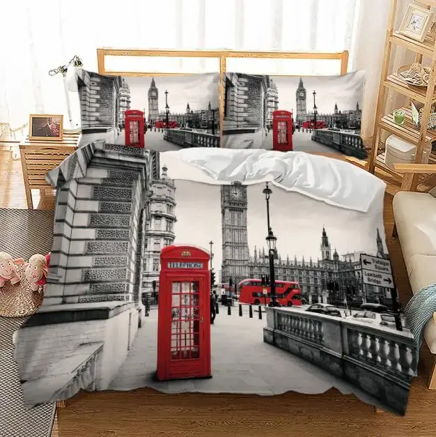 Funda de edredón Torre de París Paisaje de la ciudad de Londres Big Ben Cabina telefónica roja Juego de cama con estampado de autobús Funda nórdica + funda de almohada Tamaño EE. UU. AU UE - 1