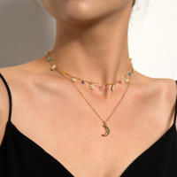Colgante de luna Retro a la moda para mujer, conjunto de diamantes de flores, Collar Simple, cadena corta de clavícula - details 0