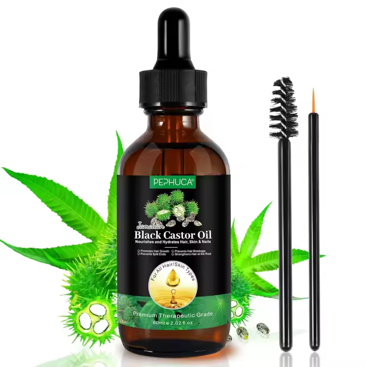 Aceite de ricino negro jamaicano prensado en frío, aceite de ricino en botella con cuentagotas de vidrio, cepillos para pestañas y cejas, sin hexano para una mayor volumen - 1