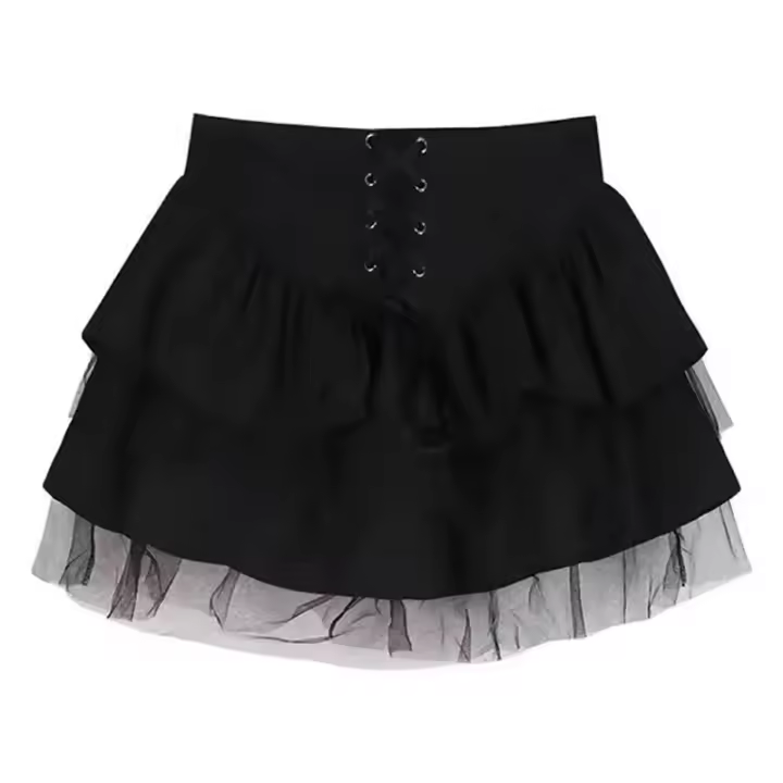 Falda JK de malla de encaje de cintura alta multicapa de verano para mujer, falda de bizcocho negra - 1