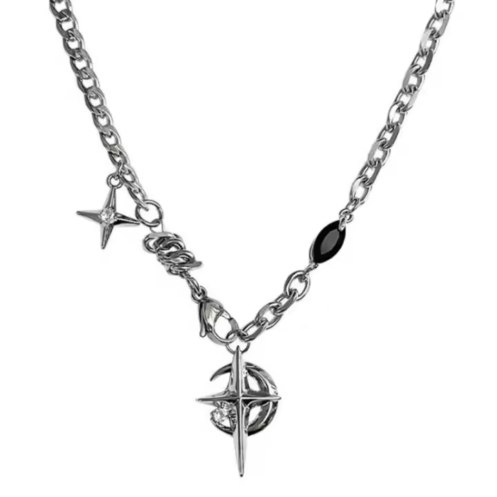 Collar de Acero Titanio con Estrella de Piedras Negras Estilo Hip-Hop y Streetwear Elegante - 1