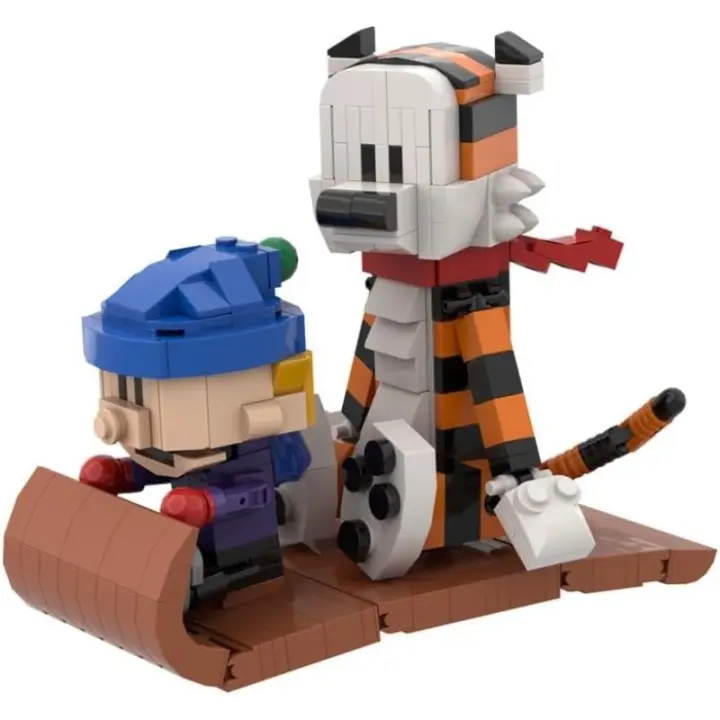 Juego de juguetes modelo de personaje de cómic Retro, juego de bloques de construcción de aventura Calvin boy y slide de tigre, adecuado para niños y niñas y adultos - 1