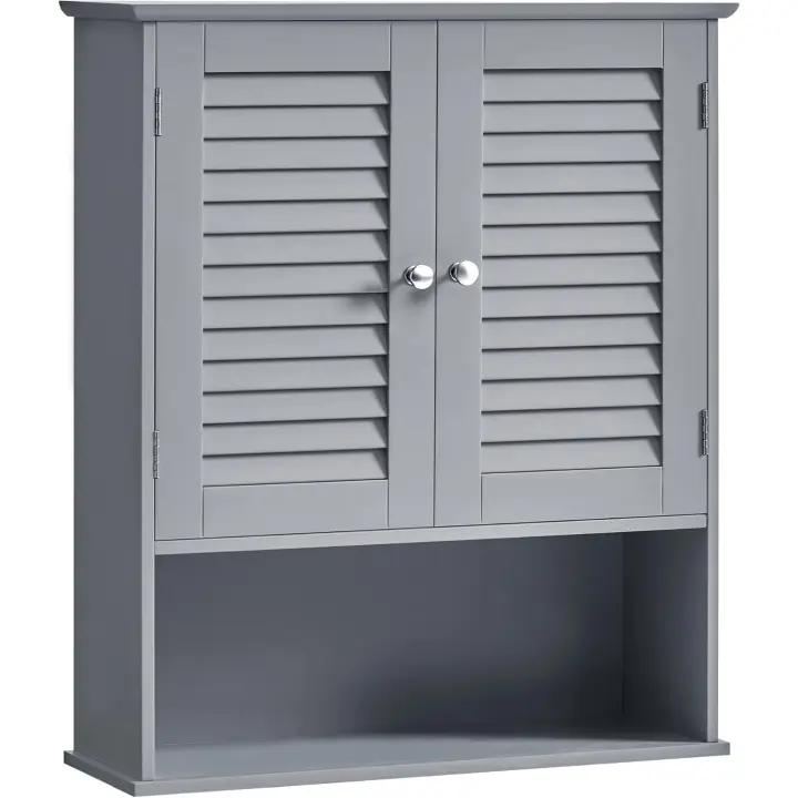 Armario de Pared para Baño, Armario Colgante, Armario de Almacenamiento con Estante Ajustable, Puertas de Doble Persiana y Estante Abierto, 20 x 60 x 70 cm, Blanco BBC27WT - 1