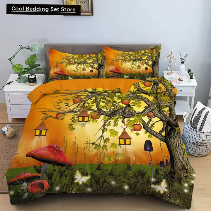 Juego de Ropa de Cama de Bosque Verde con Dibujos de Hadas Cubierta de Duvet de Rey y Reina, Madres Elkes, Plantas y Animales 2/3pcs de Poliéster para Adultos - 1