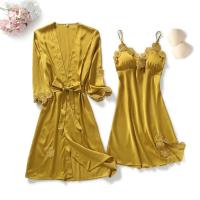 Bata amarilla, TRE otoño, pijama de 2 piezas, kimono de satén con cojín en el pecho para mujer, albornoz, pijama - details 0