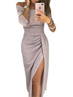 BUNO-Vestido de moda informal para mujer, vestido largo de fiesta de noche ajustado de manga larga con hombros descubiertos para mujer Vestidos de tubo divididos asimétricos - details 15