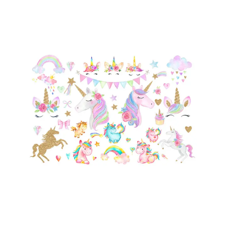 Pegatina de Pared de Unicornio Arcoiris Pegatina de Pared de Dibujos Animados de Vinilo Desmontable para Habitación de Niña, Sala de Estar, Criatorio Decoración de Fiesta de Cumpleaños Colorida - 1