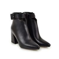 Botines de tacón alto con cremallera abierta en forma de V y correa con hebilla grande y puntiagudos elegantes de cuero marrón para mujer - details 4
