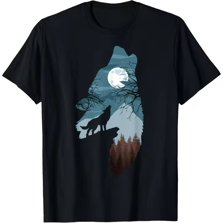 Camiseta de bosque con luna llena y acantilado de silueta de lobo aullando para hombre - 1