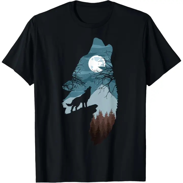 Camiseta de bosque con luna llena y acantilado de silueta de lobo aullando para hombre - 1