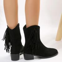 Botas cortas de tacón grueso con punta redonda de ante con tachuelas retro para mujer, botas vaqueras occidentales delgadas - details 4