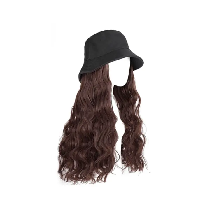Peluca de sombrero de pescador sintético, sombrero de cubo, pelo largo y rizado, pelucas de pelo liso, peluca de Hip Hop, gorra de sombrilla de verano para mujer - 1