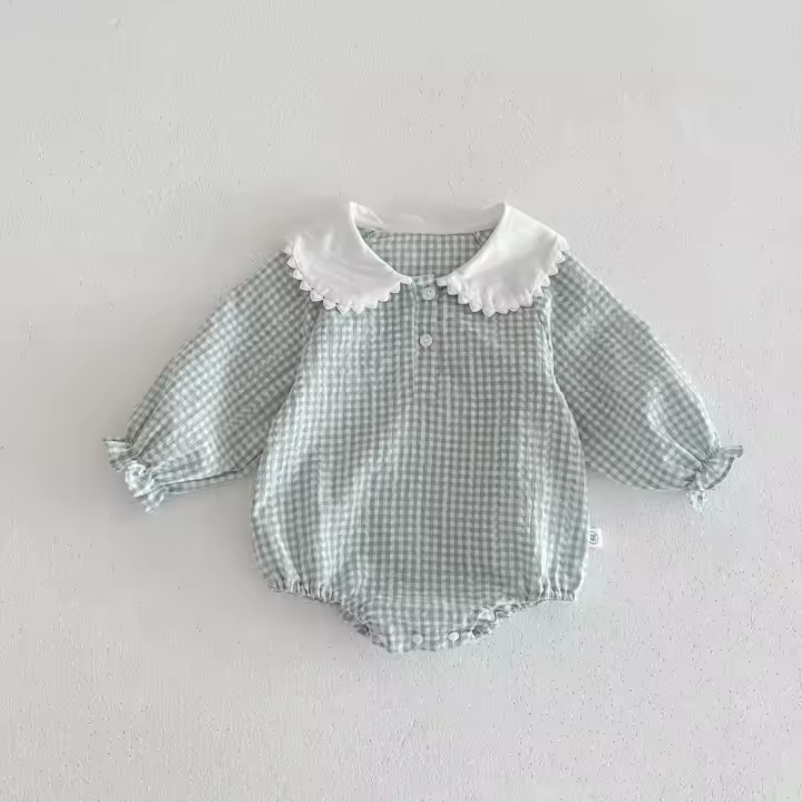 Ready Stock Mono para recién nacidos, pelele elegante a cuadros con cuello Peter Pan y cordón de manga larga para niñas de 0 a 2 años - 1
