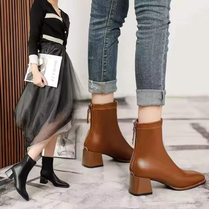 Botas cortas con punta cuadrada y tacón grueso para mujer, color negro, caqui, para oficina, fiesta y boda - 1