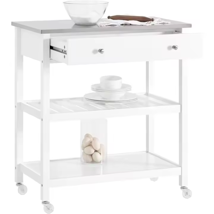 Mesa Auxiliar con Encimera de Acero Inoxidable y Estantes Abiertos, Carrito de Servicio para Cocina, Hogar o Exterior, Blanco, 81x90x45cm FKW47-II-W - 1