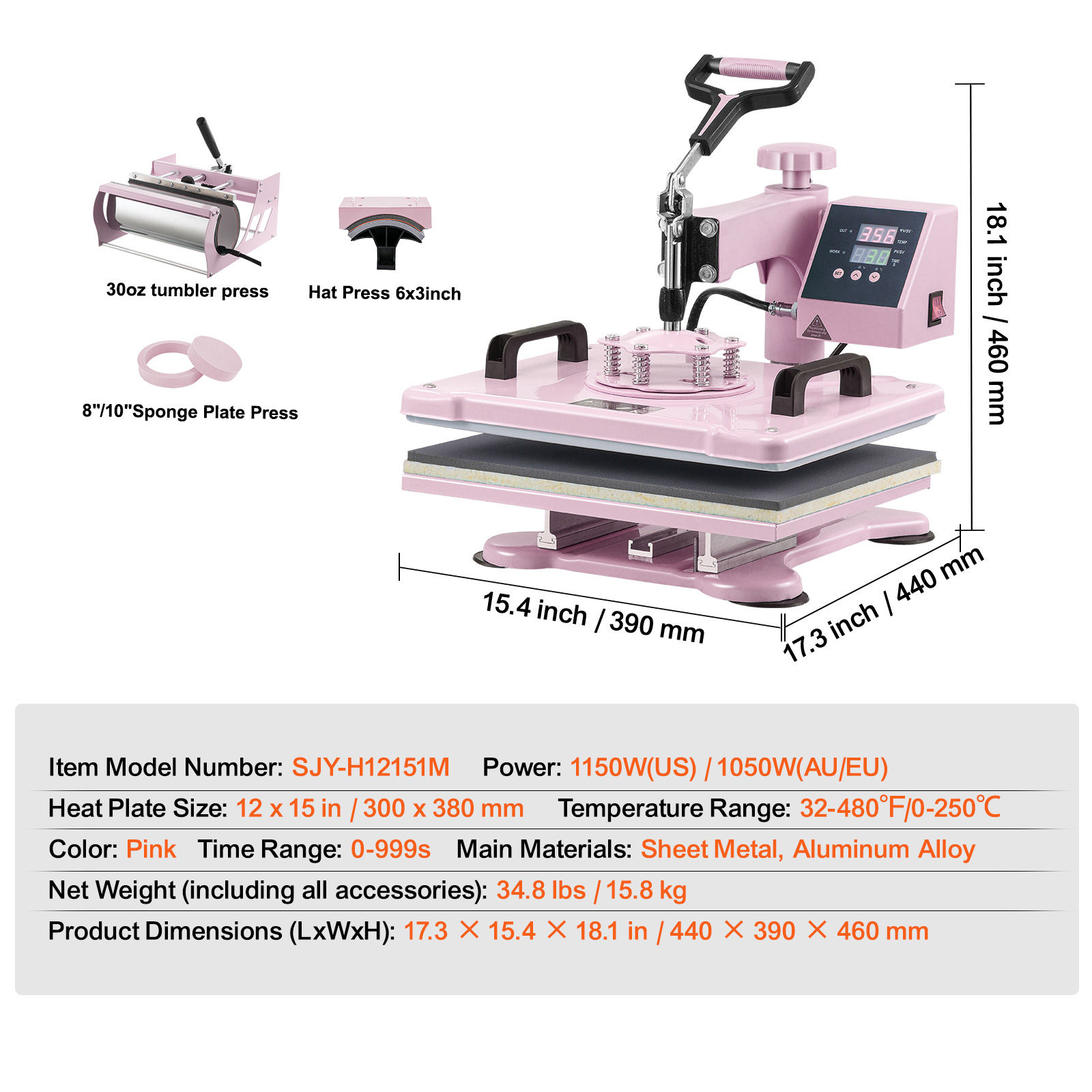 SucceBuy Máquina de prensado en caliente 5 en 1 de 12x15 pulgadas - Rosa. Personalice camisetas, tazas, sombreros y platos con una prensa para vasos de 30 oz. 360 °   Se balancee hacia atrás para seguridad.