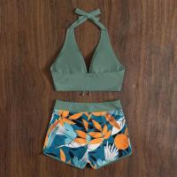 Bikini abierto con estampado de hojas retro en talla grande, conjunto de traje de baño de dos piezas con correas estables para mujer - details 87
