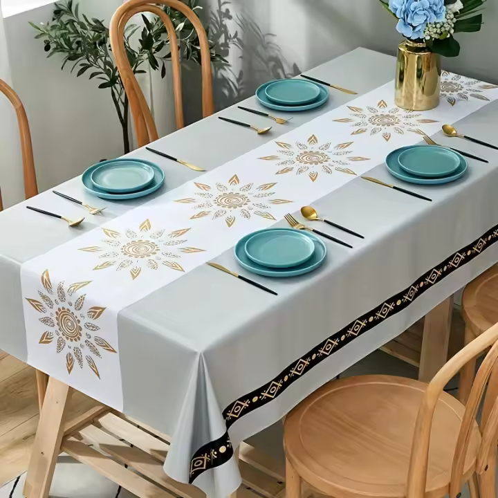 Paño impreso impermeable resistente al aceite y lavable PVC Anti-foug mantel de loto blanco decoración de mesa de comedor - 1