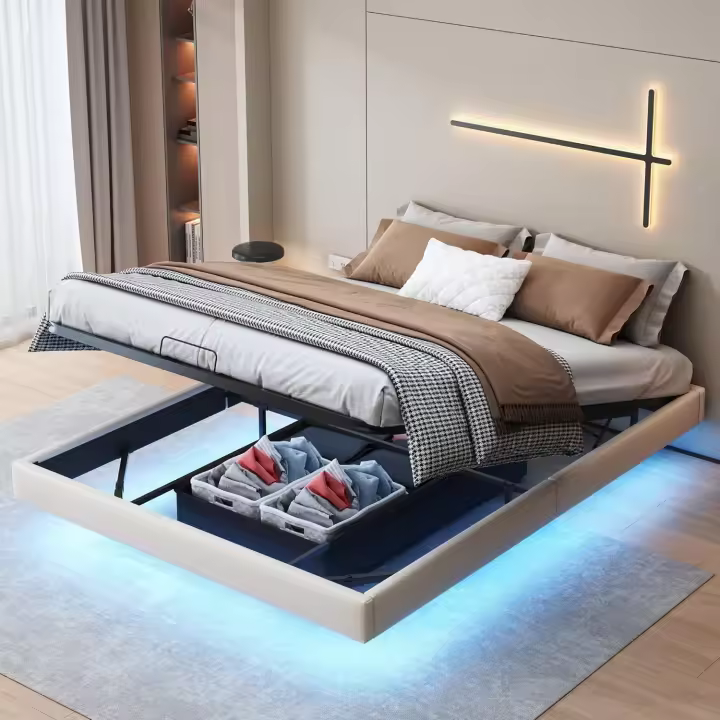 sin cabecero, cama doble con iluminación LED, estructura de cama con somier de láminas y marco de metal, marco de cama flotante, cama de almacenamiento con espacio de - 1