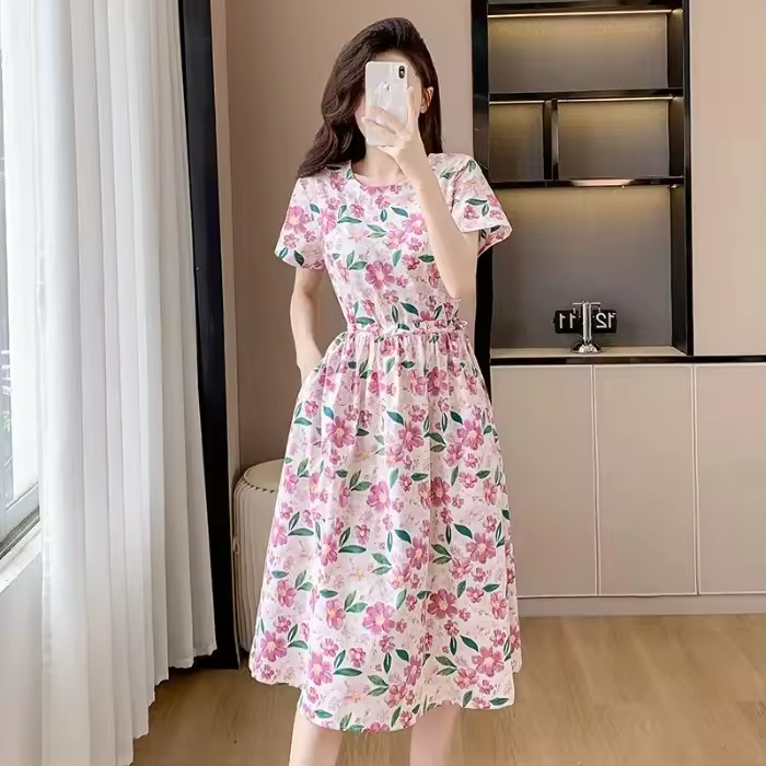 Elegante Vestido de Verano de Largo Medio Manga Corta, Estampado Floral, Vestido Liso Adelgazante - 1
