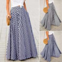 Vintage bohemio mujeres cintura alta verano a cuadros bolsillos Casual A-e Maxi faldas playa falda larga - details 13