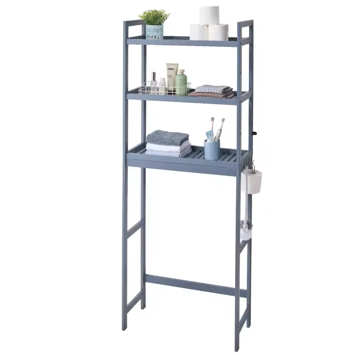 SucceBuy Estante de almacenamiento para inodoro de 3 niveles, organizador de baño de bambú ajustable con 3 ganchos, estante independiente para ahorrar espacio - 1