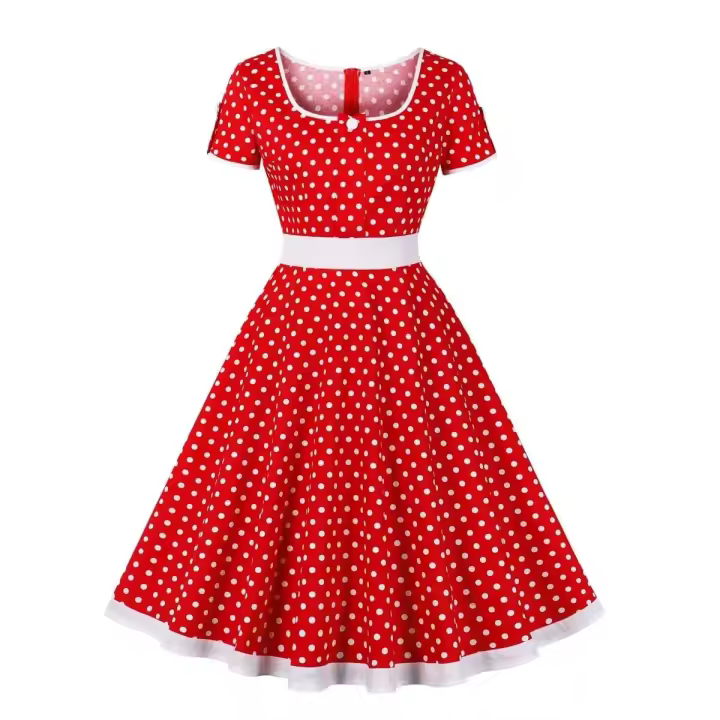 Vestido de Verano Vintage Hepburn Polka Dot de Contraste Cuello Cuadrado de los 50 Cintura Alta - 1