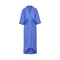 Elegante Vestido Medio de Pliegue Sólido Cuello en V, Mangas Acolchadas, Largo para el Verano 2024 - details 2