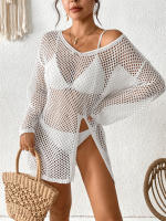 Vestido playero de manga larga para mujer, cárdigan de punto transparente con ribete de encaje, ropa de malla para resort, pareo de baño para vacaciones de verano - details 15