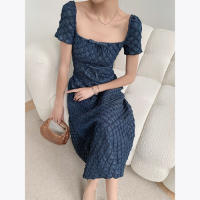 Nuevo temperamento, vestido largo azul para ir al trabajo, moda de verano con cintura, descanso para el café, vestido fino con cuello cuadrado francés para mujer - details 4