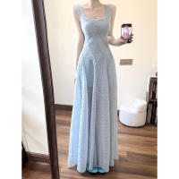Vestido camisola azul minimalista para mujer, ceñido a la cintura y vestido largo francés con licencia para vacaciones en la playa, nuevo estilo - details 5