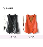 Chaleco negro de cuero PU suave para primavera y otoño, chaqueta elegante sin mangas, oficina con botones dobles, 2024 para mujer al aire libre - details 4