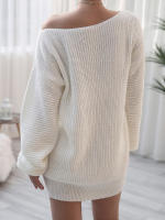 Vestido de suéter suelto de manga larga con cuello oblicuo para mujer, Mini Vestidos de punto casuales, Color sólido, Otoño e Invierno - details 4