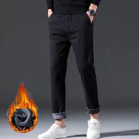 Pantalones informales de invierno para hombre, pantalones cálidos de felpa de estilo clásico para negocios, pantalones de piel gruesa Regular, pantalones formales rectos elásticos de lana para hombre - details 14