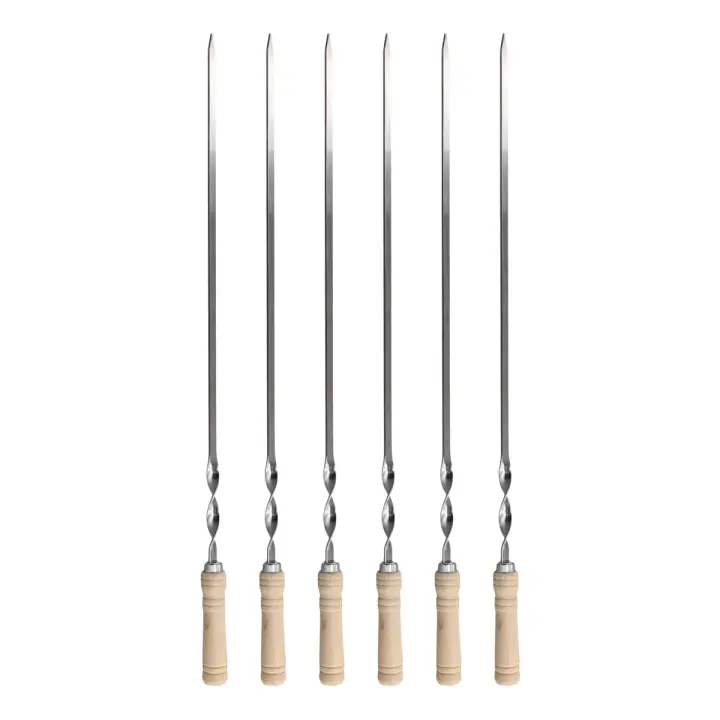 6 uds 55cm pinchos para barbacoa mango largo Shish Kebab barbacoa palo para parrilla tenedor de madera para barbacoa aguja de parrilla de acero inoxidable para exteriores - 1