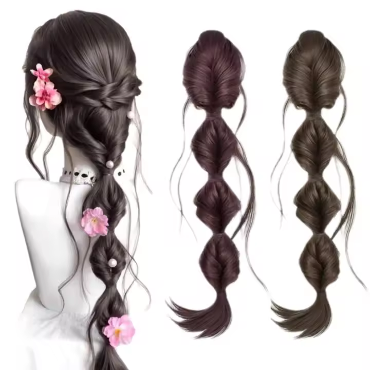 Extensiones de cabello sintético con trenzas falsas de burbujas, banda para el cabello, cola de caballo rizada y desordenada, Clip de garra, piezas de cabello postizo esponjoso para mujer - 1