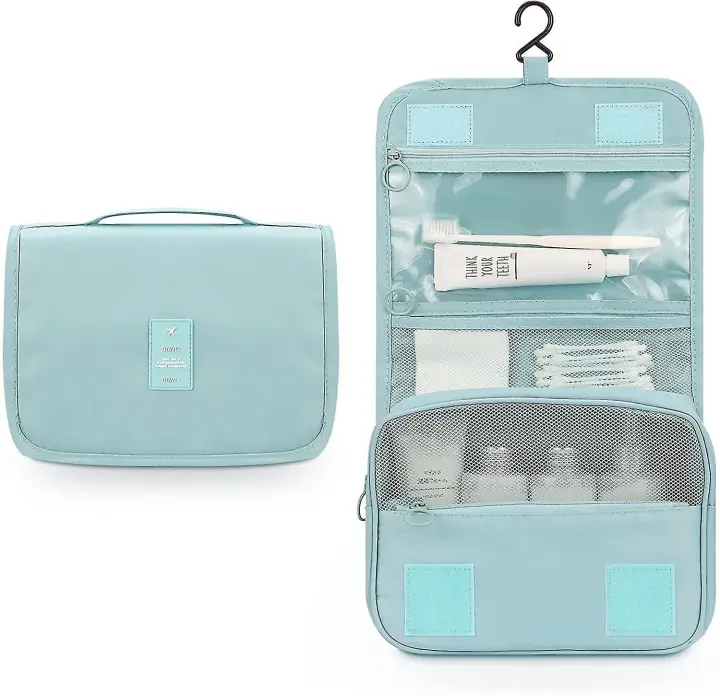Neceser colgante - Organizador de viaje de maquillaje cosmético grande para hombres y mujeres con gancho resistente azul - 1