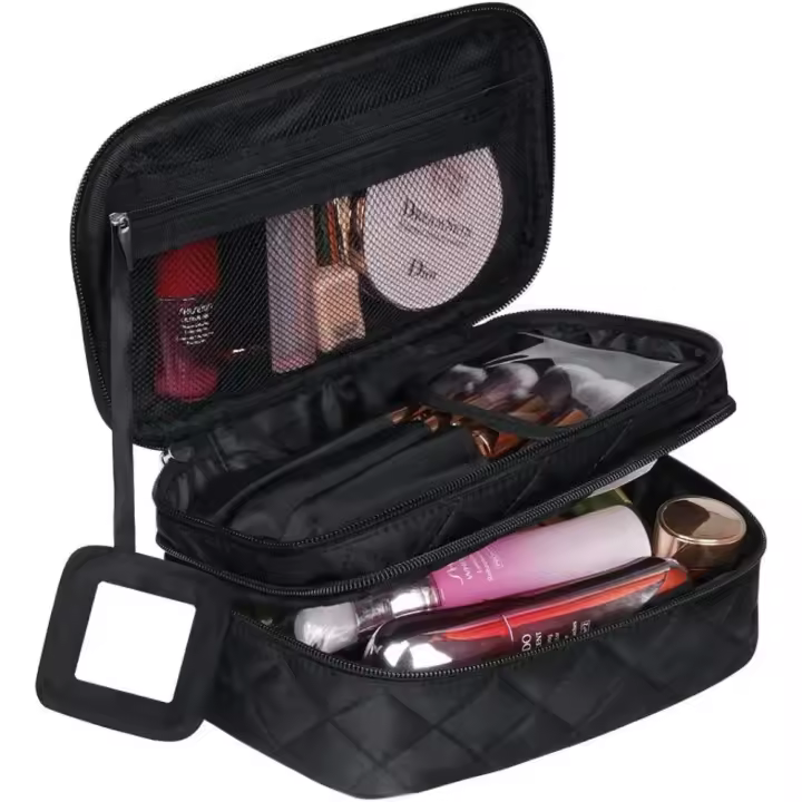 Organizador de Maquillaje Impermeable para Mujer Estuche Portátil de Doble Capa con Compartimentos para Brochas y Espejo Gran Capacidad para Viajes - 1