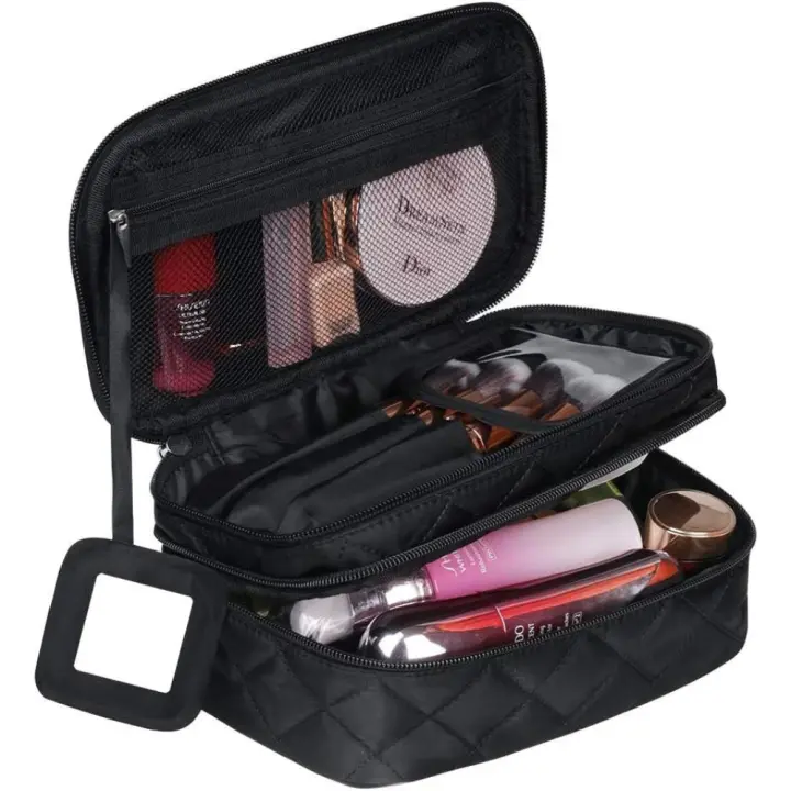 Organizador de Maquillaje Impermeable para Mujer Estuche Portátil de Doble Capa con Compartimentos para Brochas y Espejo Gran Capacidad para Viajes - 1