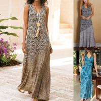 Vestido femenino informal de playa holgado con dobladillo ancho y cuello en V sin mangas estilo bohemio Vintage con estampado geométrico para mujer - details 1