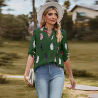 Camisa con estampado de plumas de tres cuartos y manga e para mujer, cuello en V, otoño, nueva - details 17