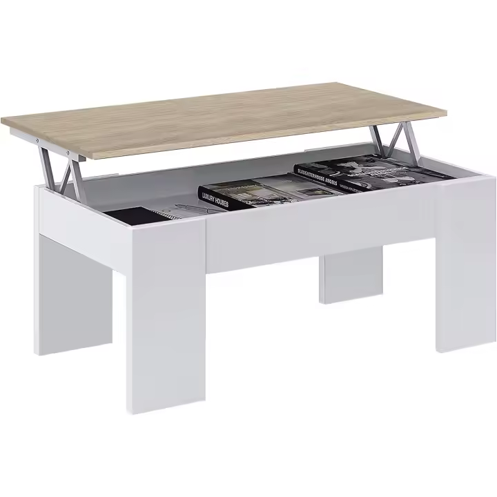 Mesa de Centro Elevable, Mesita de Salón o Comedor, Modelo LC, Acabado en Color Blanco Artik y Roble Canadiense, Medidas: 100 cm (Ancho) x 50 cm (Fondo) x 45-56 cm (Alto) - 1