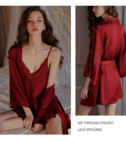 Grandeur Plus Size Sexy Color sólido Encaje Bordado Bata Cardigan Vestido de corte bajo Conjunto de ropa de descanso - details 27