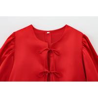 OUWU- Primavera Verano 2025 Mujer Moda Satén Manga Burbuja Arco Corto Top Casual Ajustado Manga Larga Camiseta - details 4