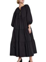 Vestido midi de verano elegante de manga larga con cuello redondo y lazo en la parte delantera A-e para mujer - details 6